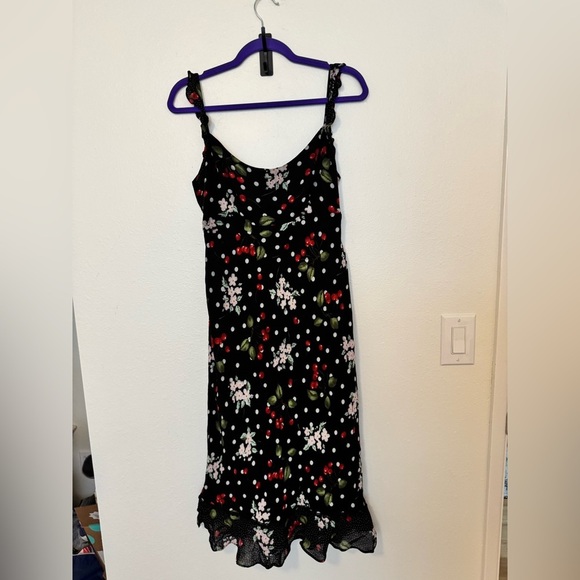 VTG Mica Mimi Maternity Y2K Cherry Floral Midi Dress Ruffle Large Black EUC - Picture 3 of 9